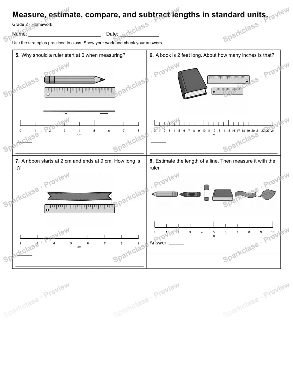 Measure, estimate, compare, and subtract lengths in standard units. — Homework — page 2