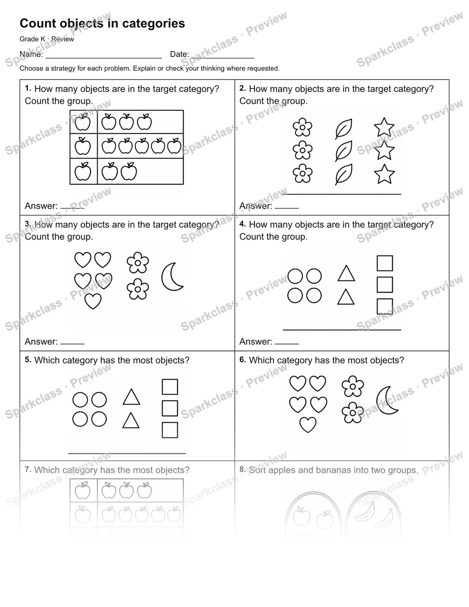 Count objects in categories — Review — Kindergarten worksheet preview