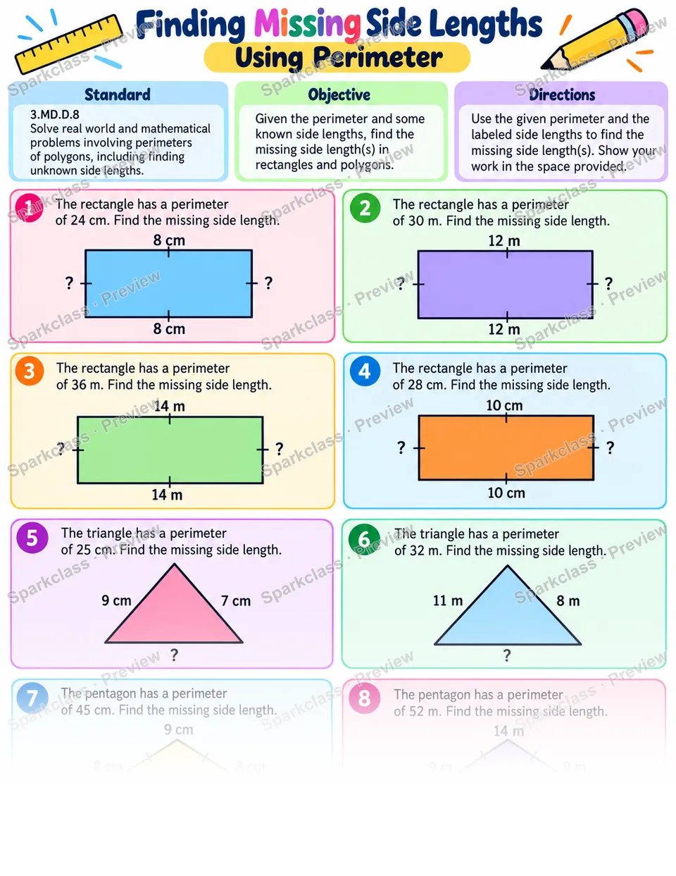 Unknown Side Perimeter 01 — Grade 3 worksheet preview