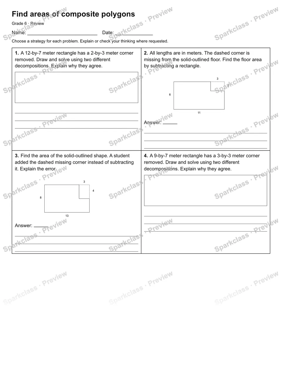 Find areas of composite polygons — Review — Grade 6 worksheet preview