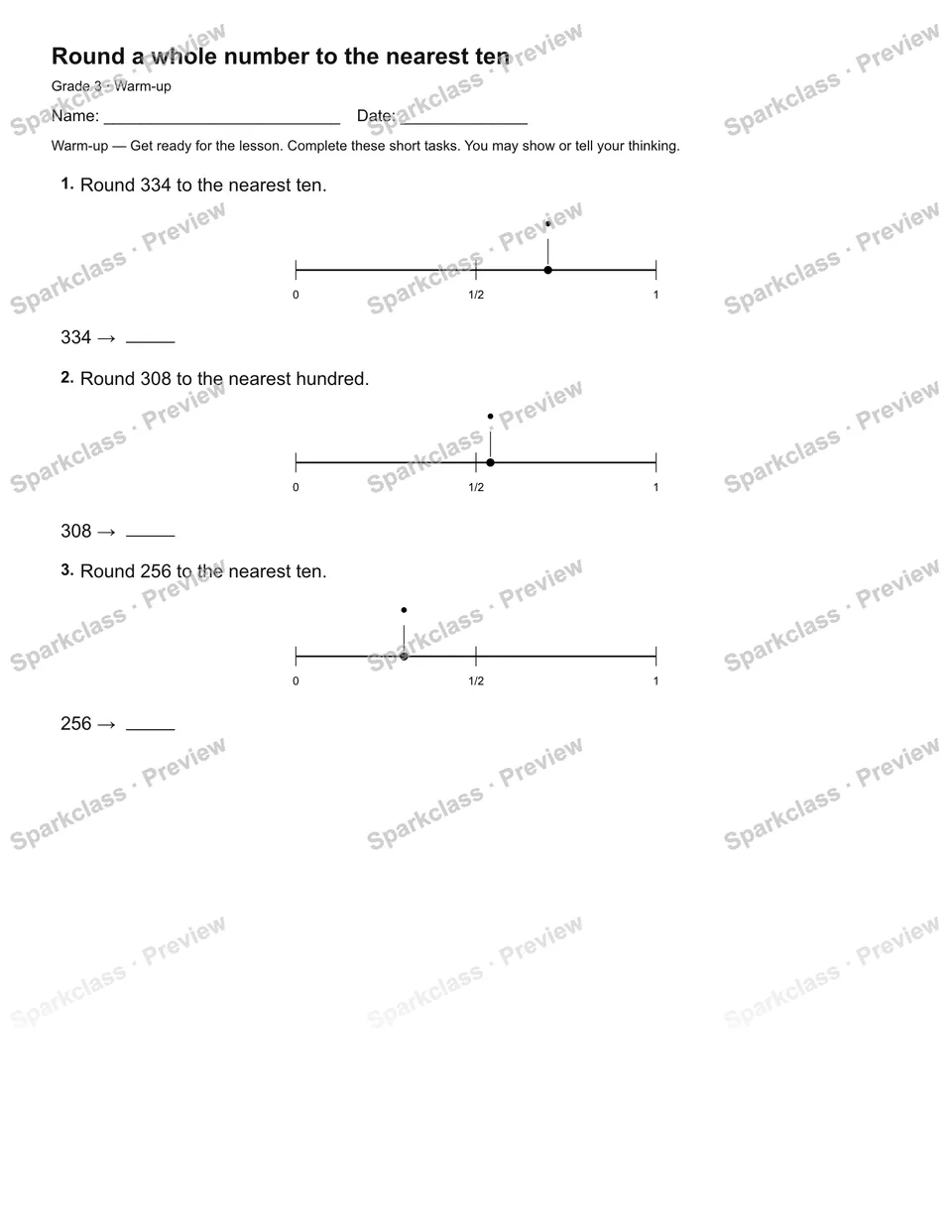 Round a whole number to the nearest ten — Warm-up — Grade 3 worksheet preview