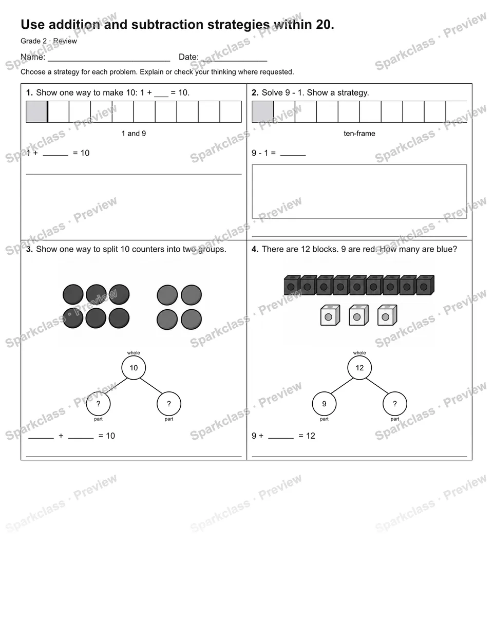Use addition and subtraction strategies within 20. — Review — Grade 2 worksheet preview