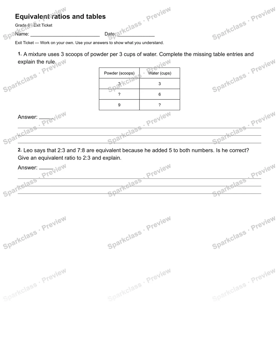 Equivalent ratios and tables — Exit Ticket — Grade 6 worksheet preview