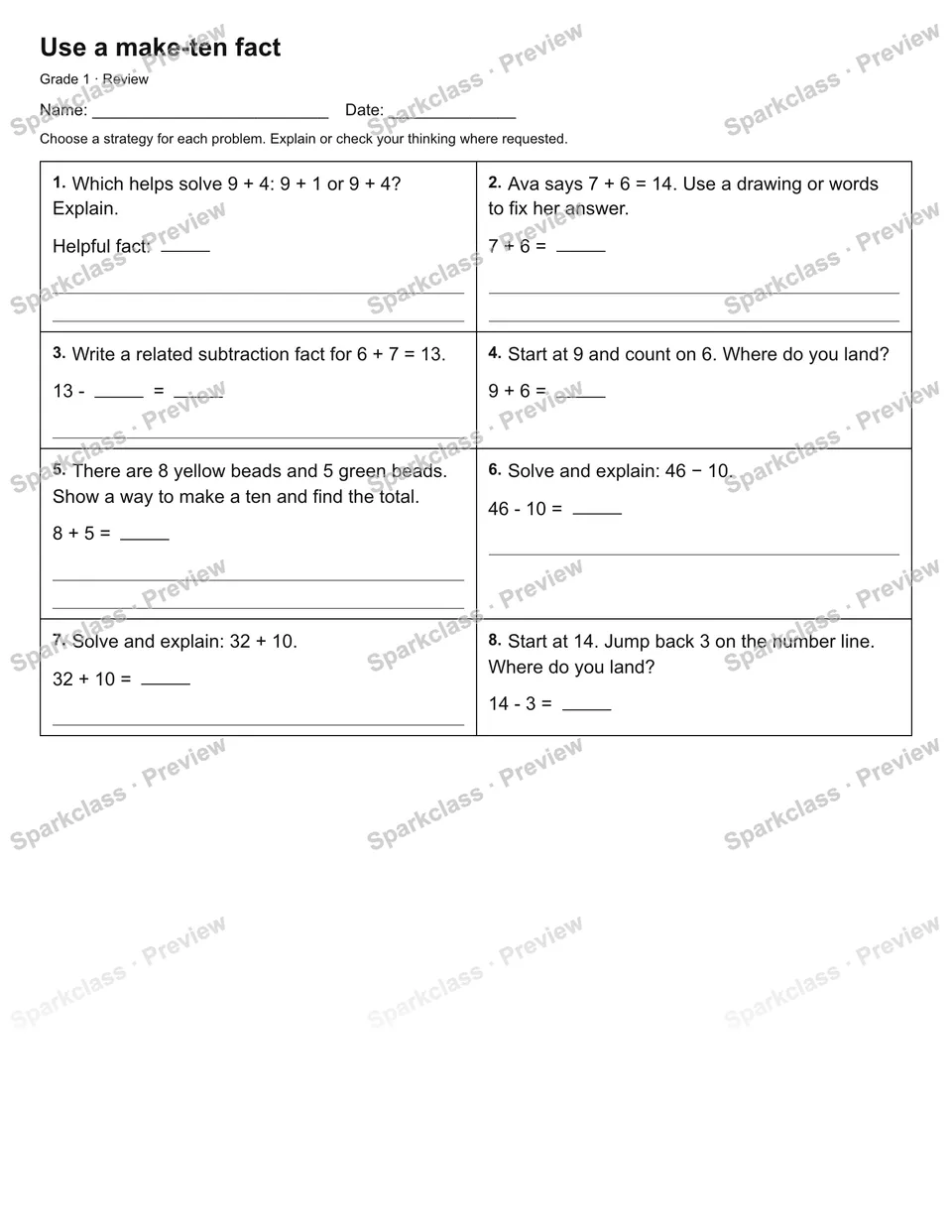 Use a make-ten fact — Review — Grade 1 worksheet preview
