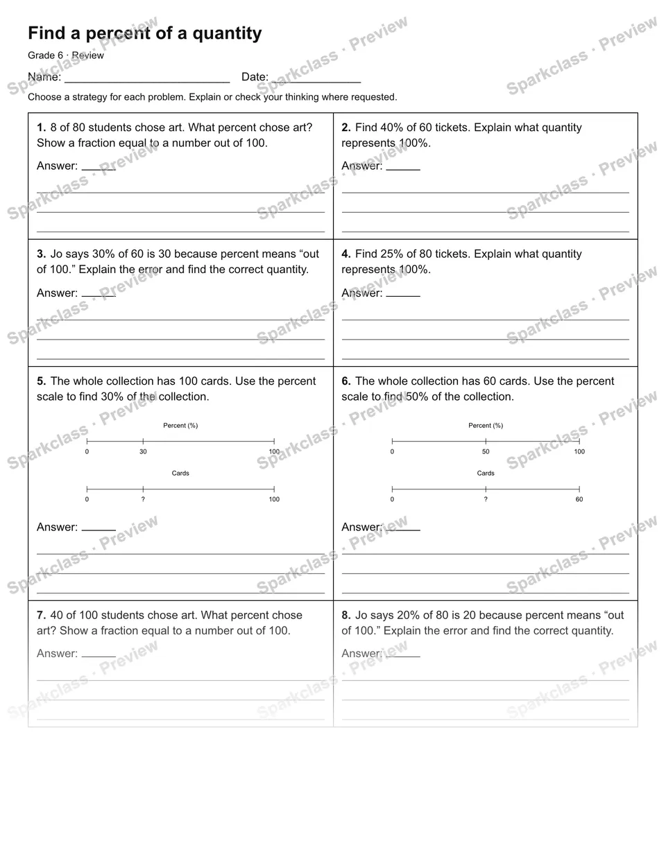 Find a percent of a quantity — Review — Grade 6 worksheet preview