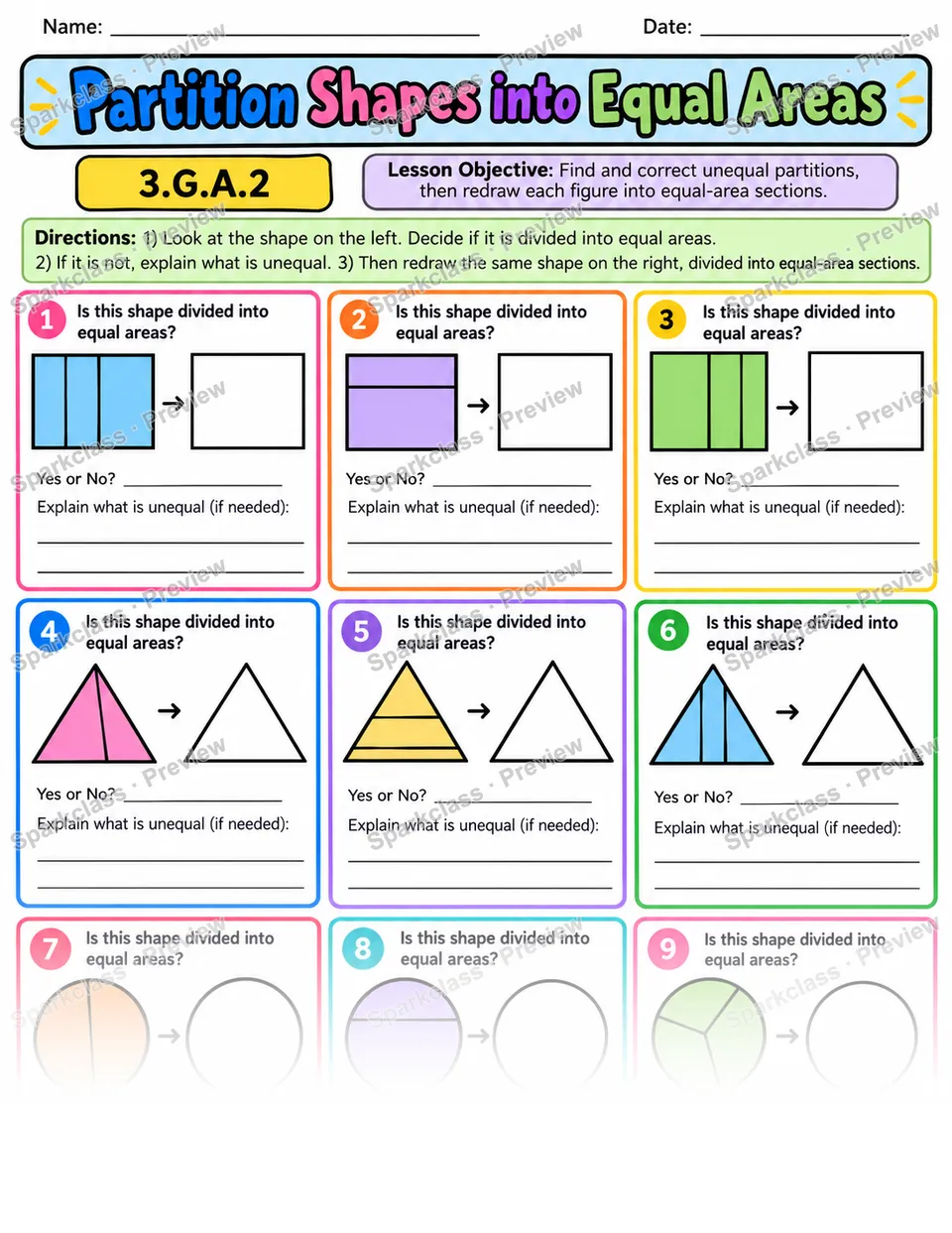 Partition Shapes Equal Areas — Grade 3 worksheet preview