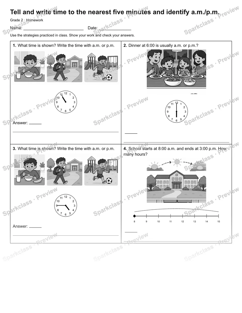 Tell and write time to the nearest five minutes and identify a.m./p.m. — Homework — Grade 2 worksheet preview