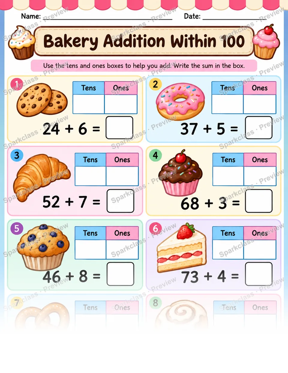 Bakery Addition Within 100 — Grade 1 worksheet preview