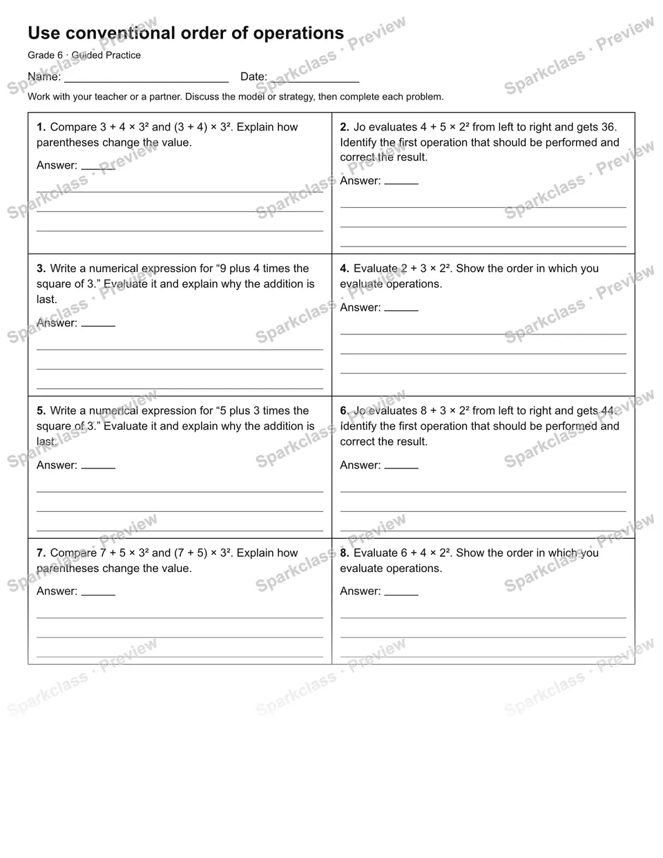 Use conventional order of operations — Guided Practice — Grade 6 worksheet preview