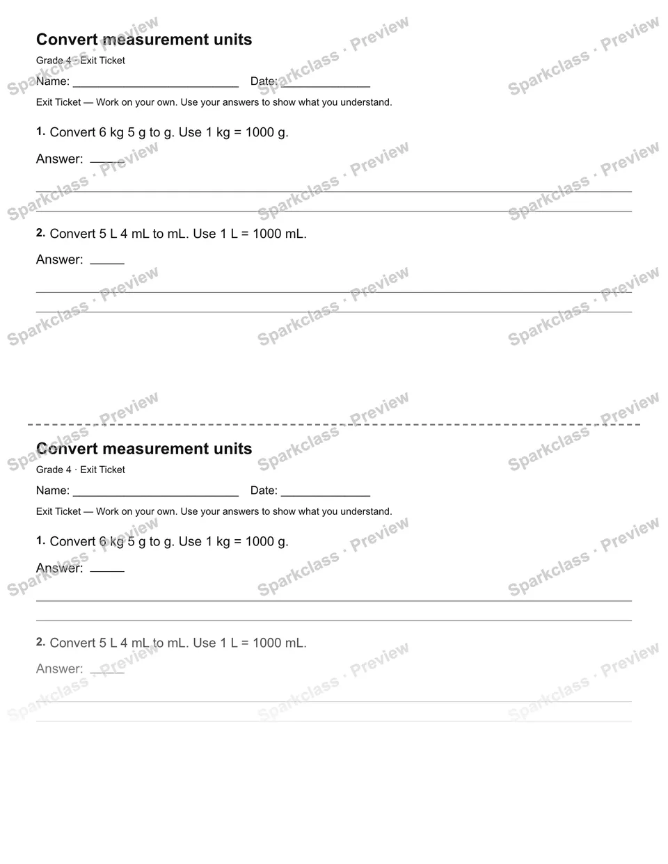 Convert measurement units — Exit Ticket — Grade 4 worksheet preview