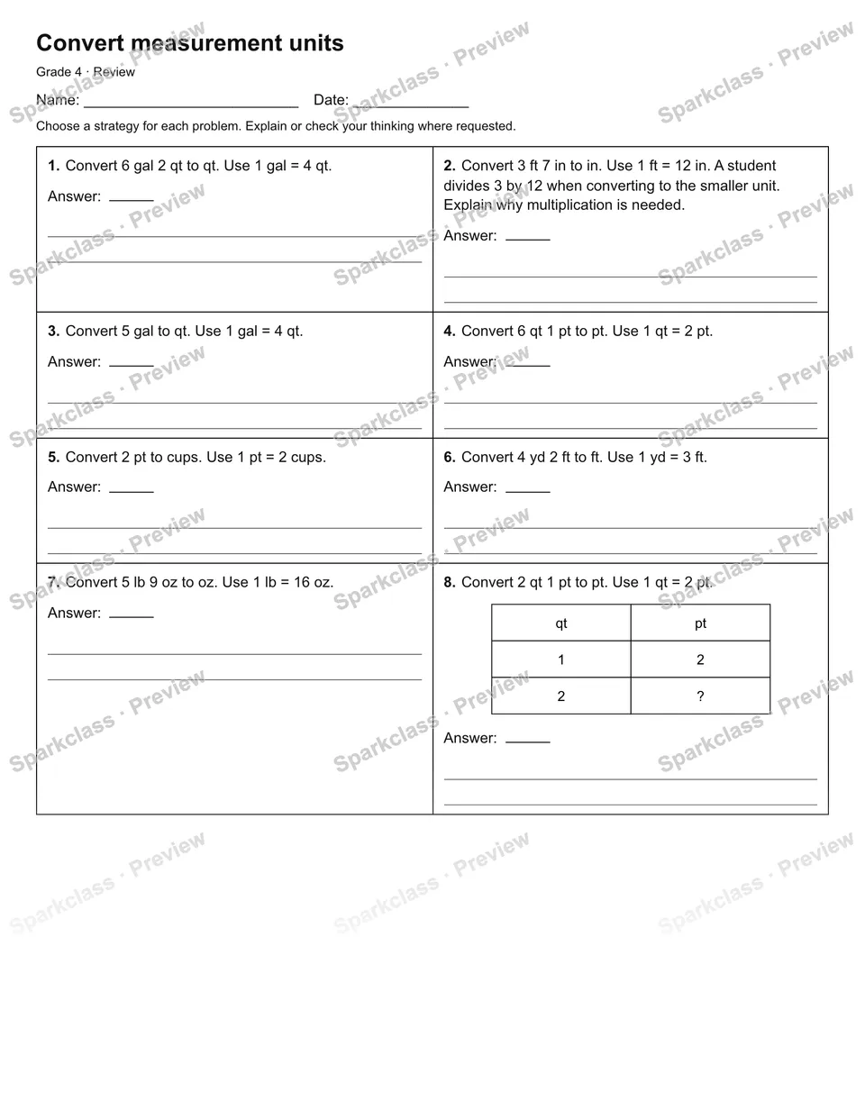 Convert measurement units — Review — Grade 4 worksheet preview