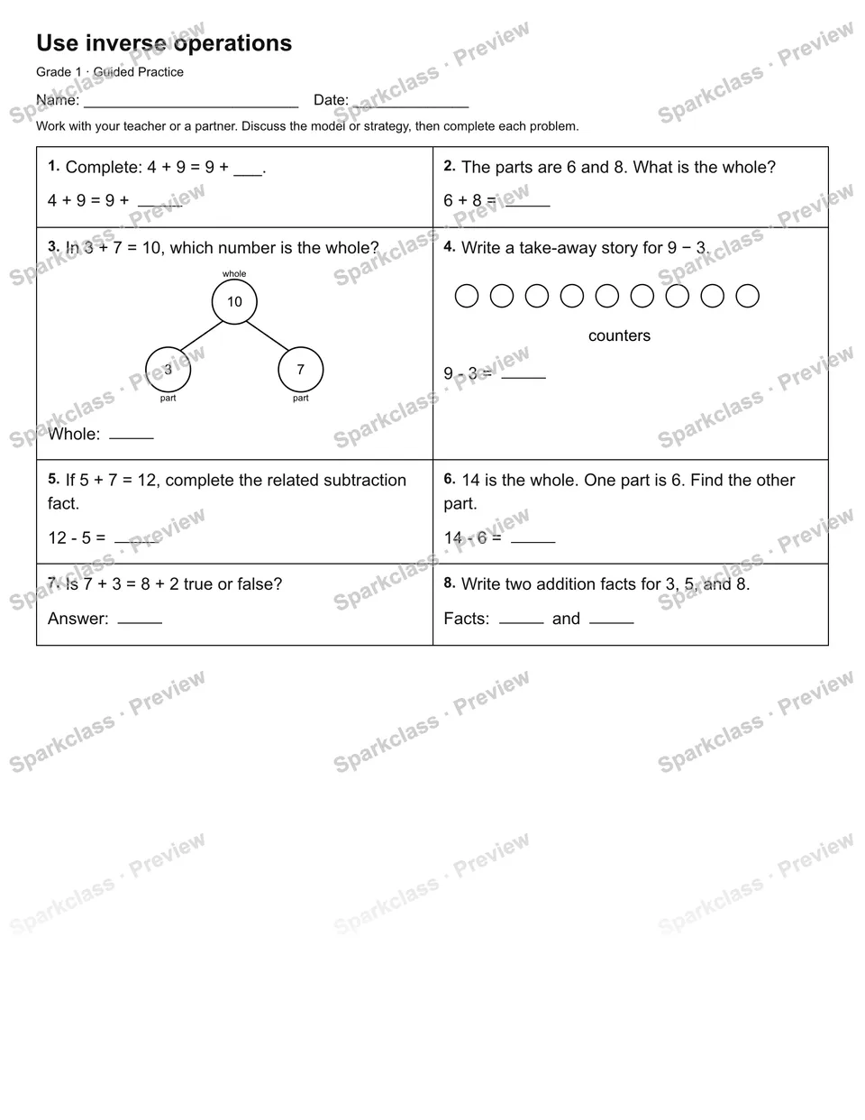 Use inverse operations — Guided Practice — Grade 1 worksheet preview