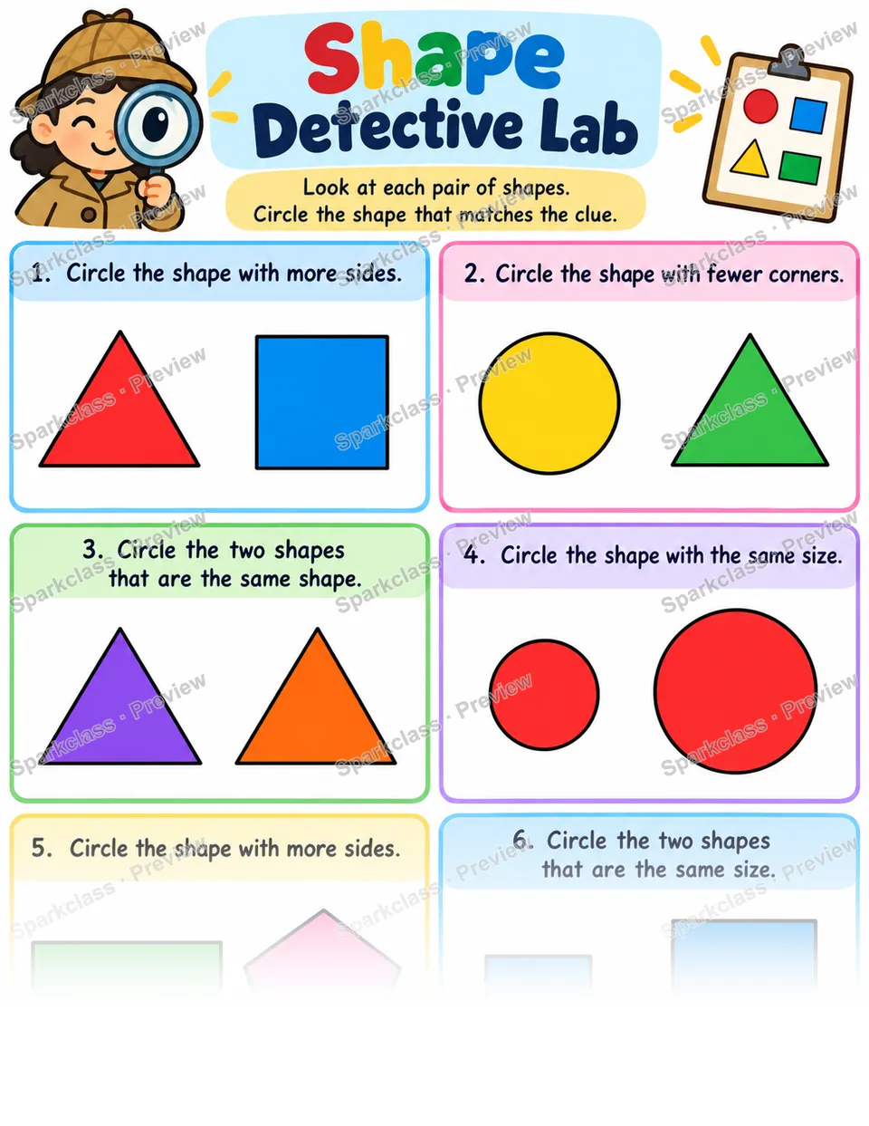 Basic Shape Detective · Compare Shapes — Kindergarten worksheet preview