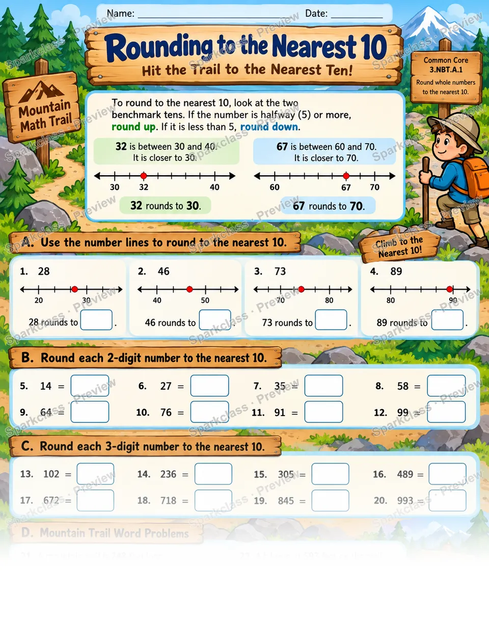 Round To Nearest 10 Mountain — Grade 3 worksheet preview