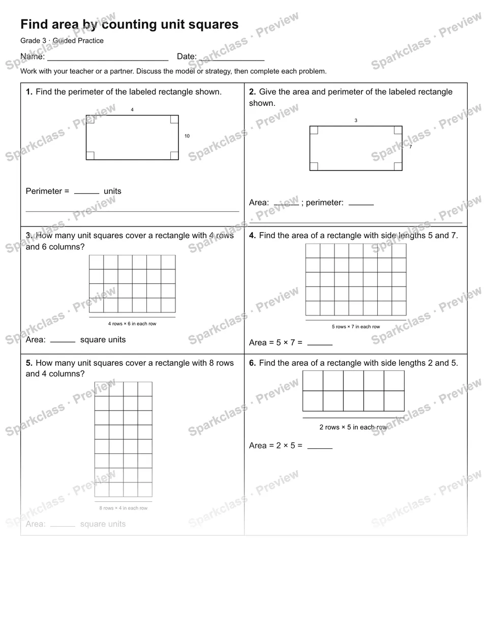 Find area by counting unit squares — Guided Practice — Grade 3 worksheet preview