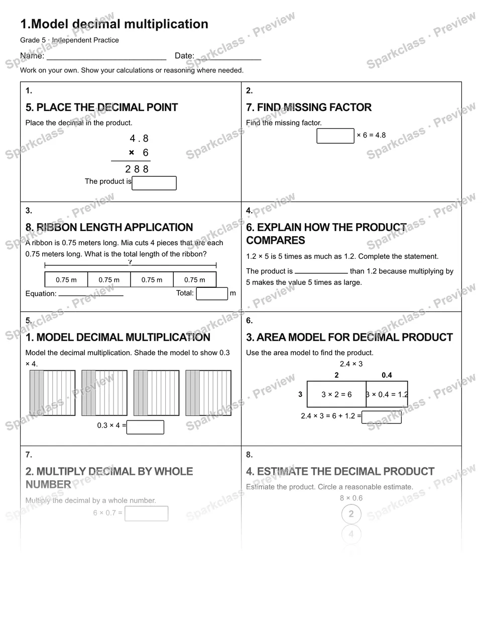 1.Model decimal multiplication — Independent Practice — Grade 5 worksheet preview
