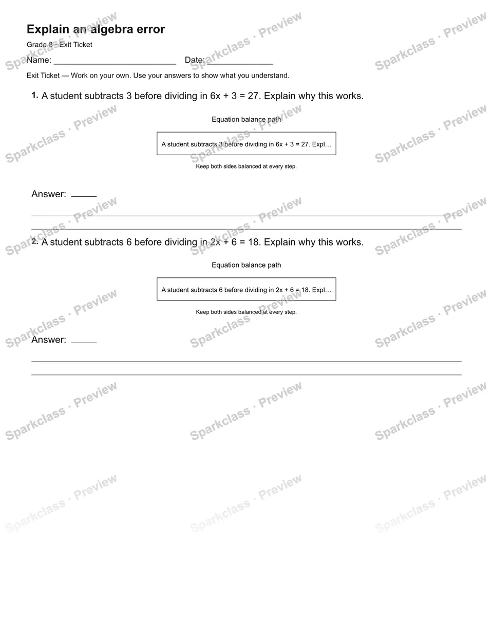 Explain an algebra error — Exit Ticket — page 2
