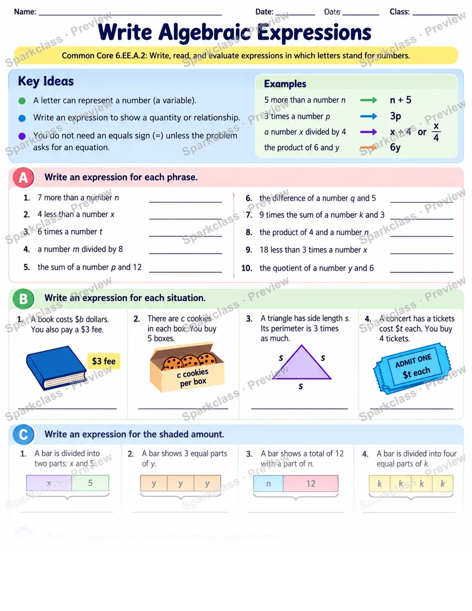 Write Expressions — Grade 6 worksheet preview