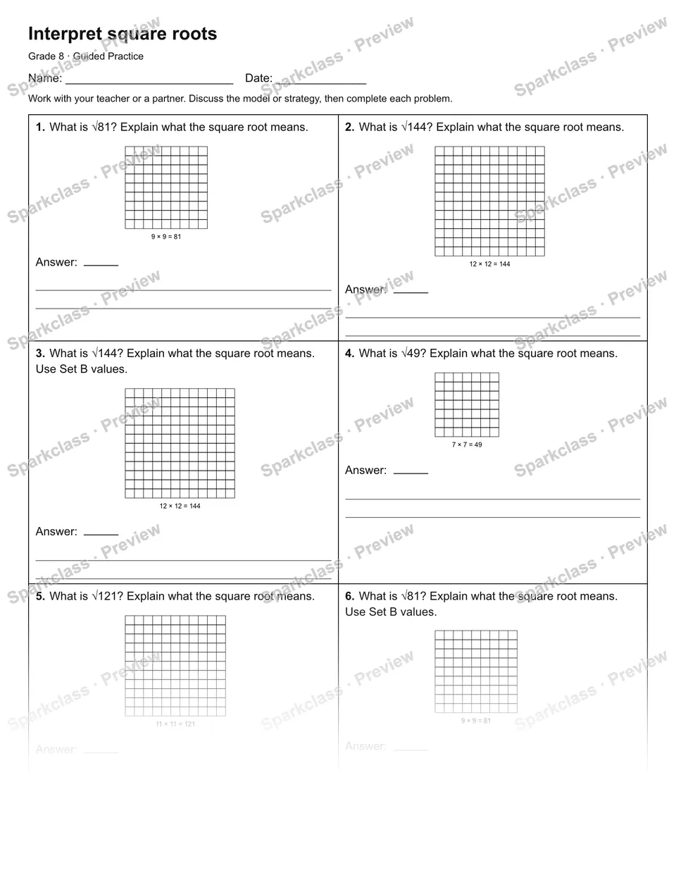Interpret square roots — Guided Practice — Grade 8 worksheet preview