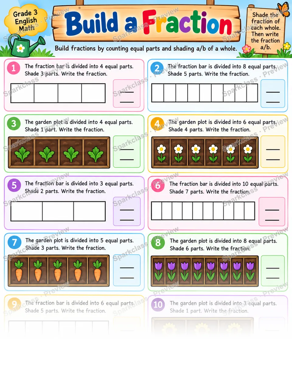 Build Fractions — Grade 3 worksheet preview