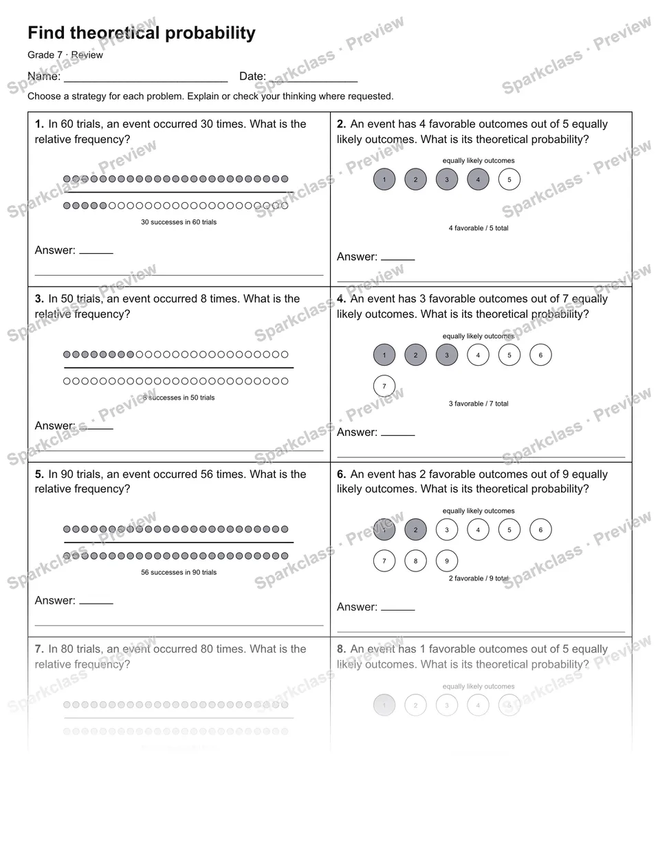 Find theoretical probability — Review — Grade 7 worksheet preview