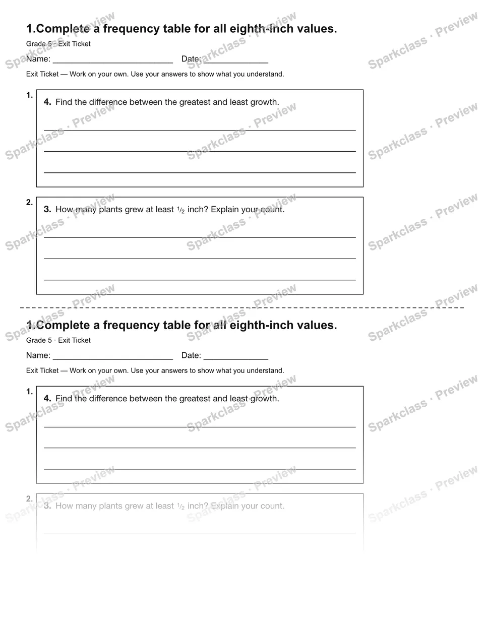 1.Complete a frequency table for all eighth-inch values. — Exit Ticket — Grade 5 worksheet preview