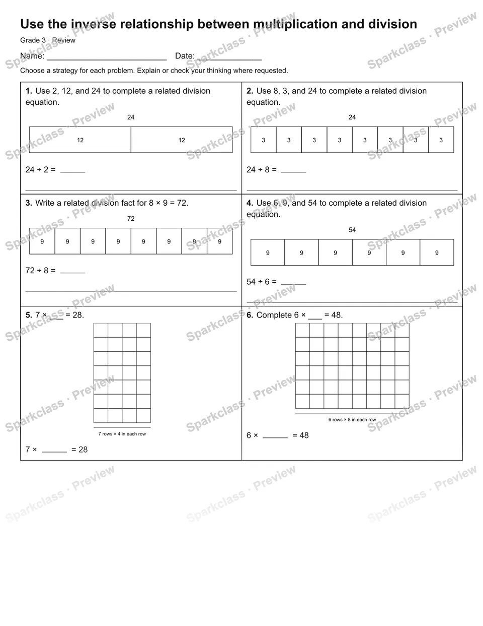Use the inverse relationship between multiplication and division — Review — Grade 3 worksheet preview