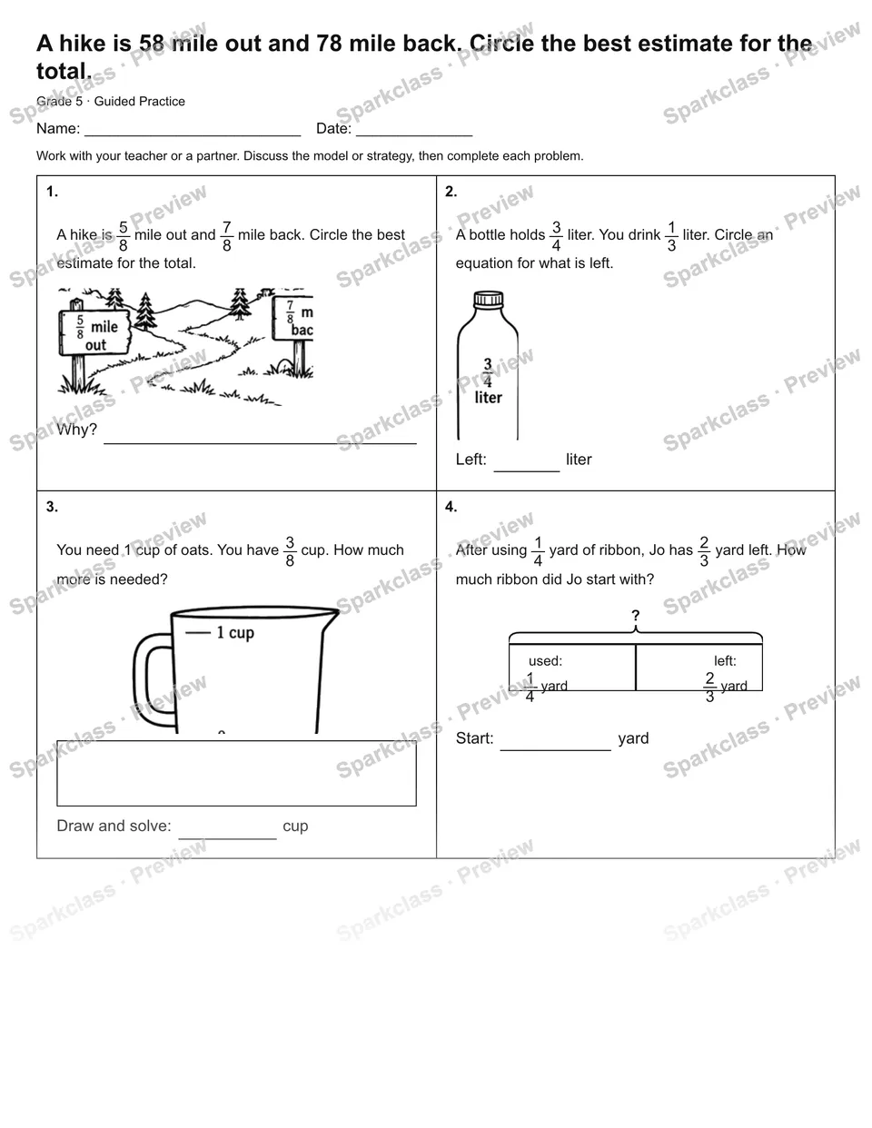 A hike is 58 mile out and 78 mile back. Circle the best estimate for the total. — Guided Practice — Grade 5 worksheet preview