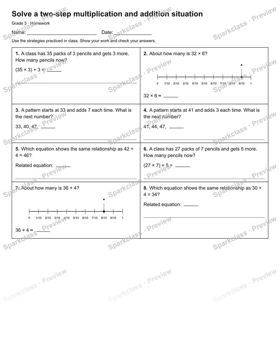Solve a two-step multiplication and addition situation — Homework — Grade 3 worksheet preview