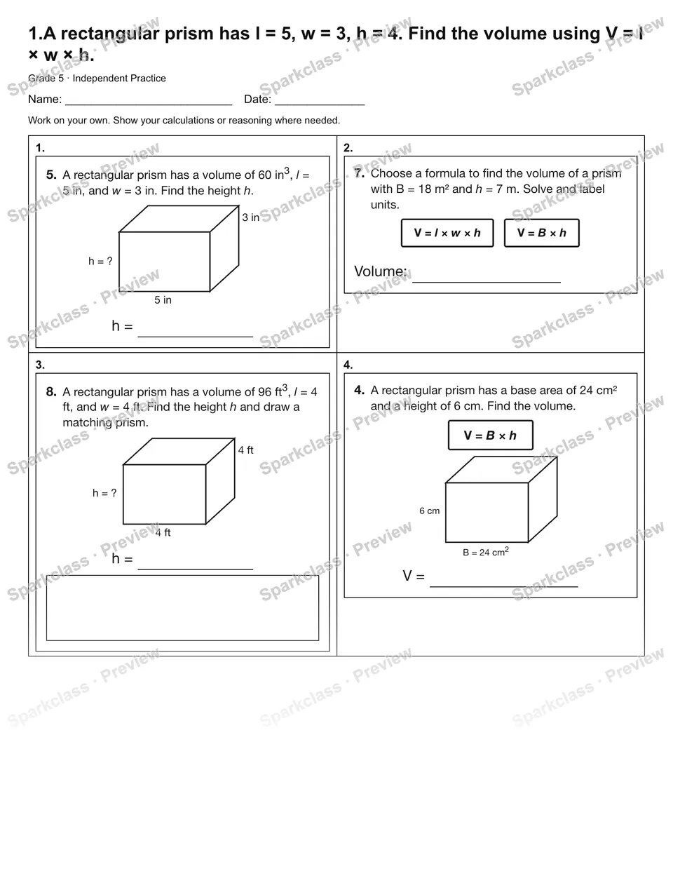 1.A rectangular prism has l = 5, w = 3, h = 4. Find the volume using V = l × w × h. — Independent Practice — Grade 5 worksheet preview