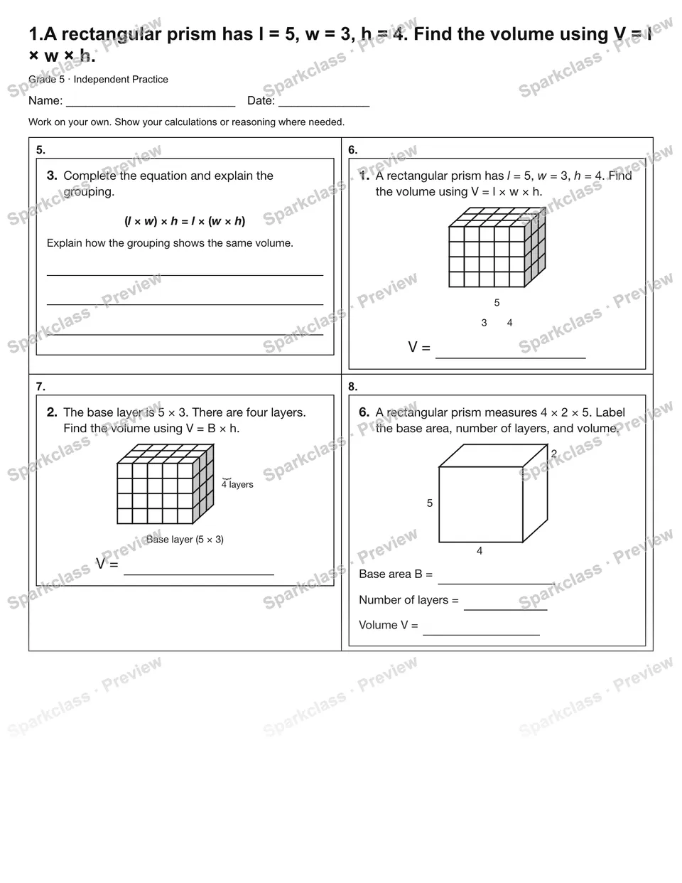 1.A rectangular prism has l = 5, w = 3, h = 4. Find the volume using V = l × w × h. — Independent Practice — page 2