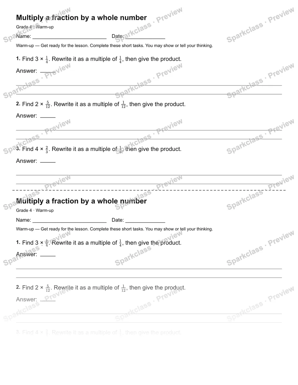 Multiply a fraction by a whole number — Warm-up — Grade 4 worksheet preview