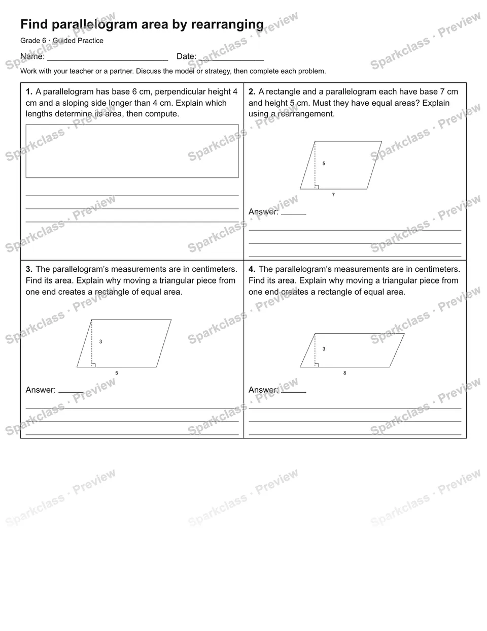 Find parallelogram area by rearranging — Guided Practice — Grade 6 worksheet preview
