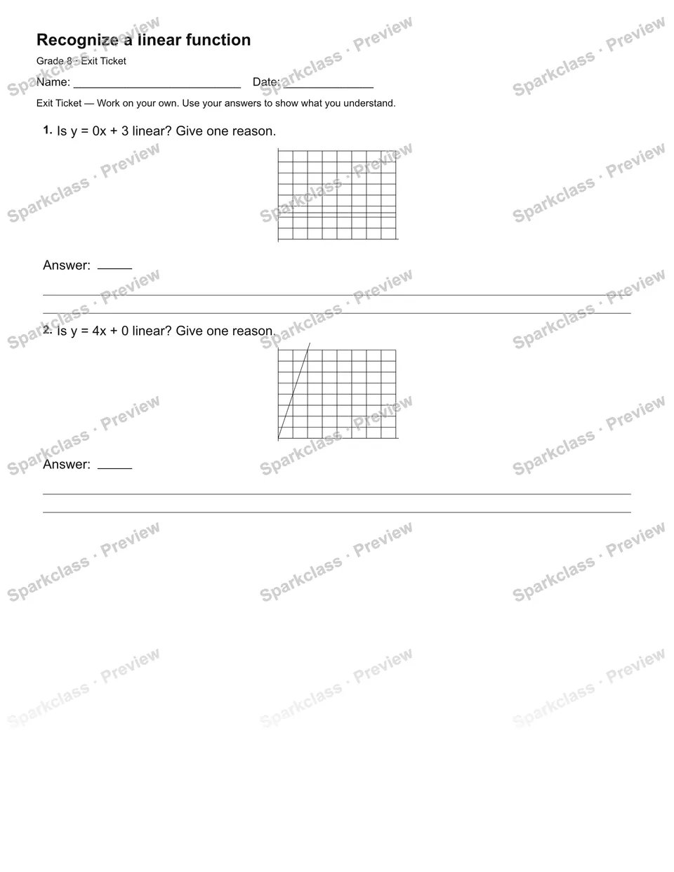 Recognize a linear function — Exit Ticket — page 2