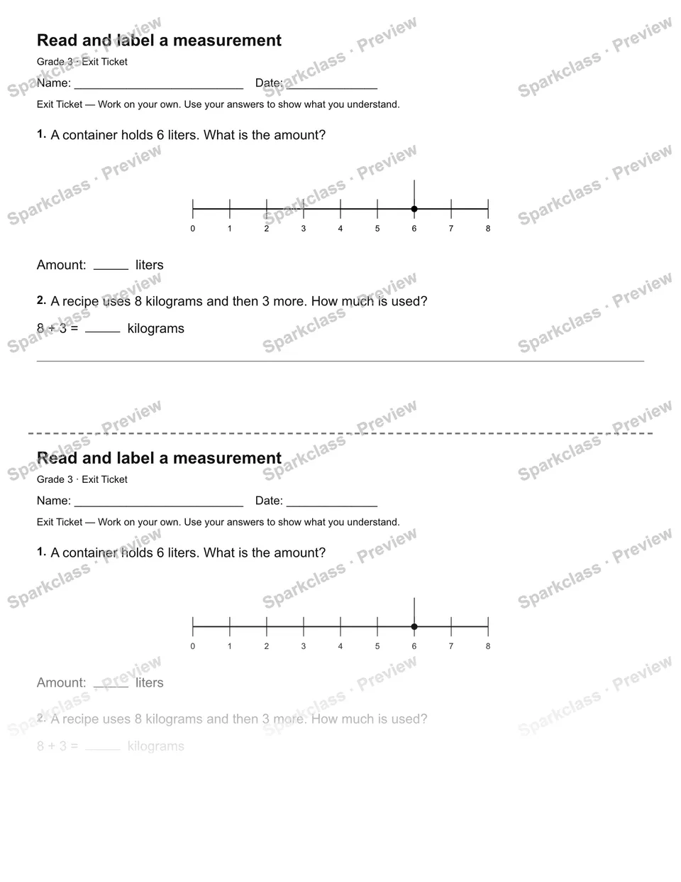 Read and label a measurement — Exit Ticket — Grade 3 worksheet preview