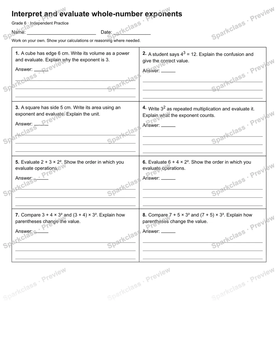Interpret and evaluate whole-number exponents — Independent Practice — Grade 6 worksheet preview