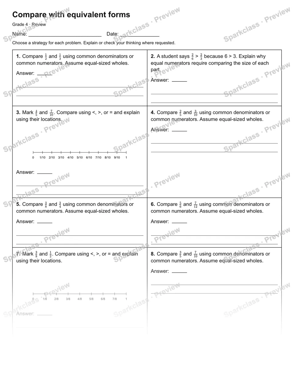 Compare with equivalent forms — Review — Grade 4 worksheet preview