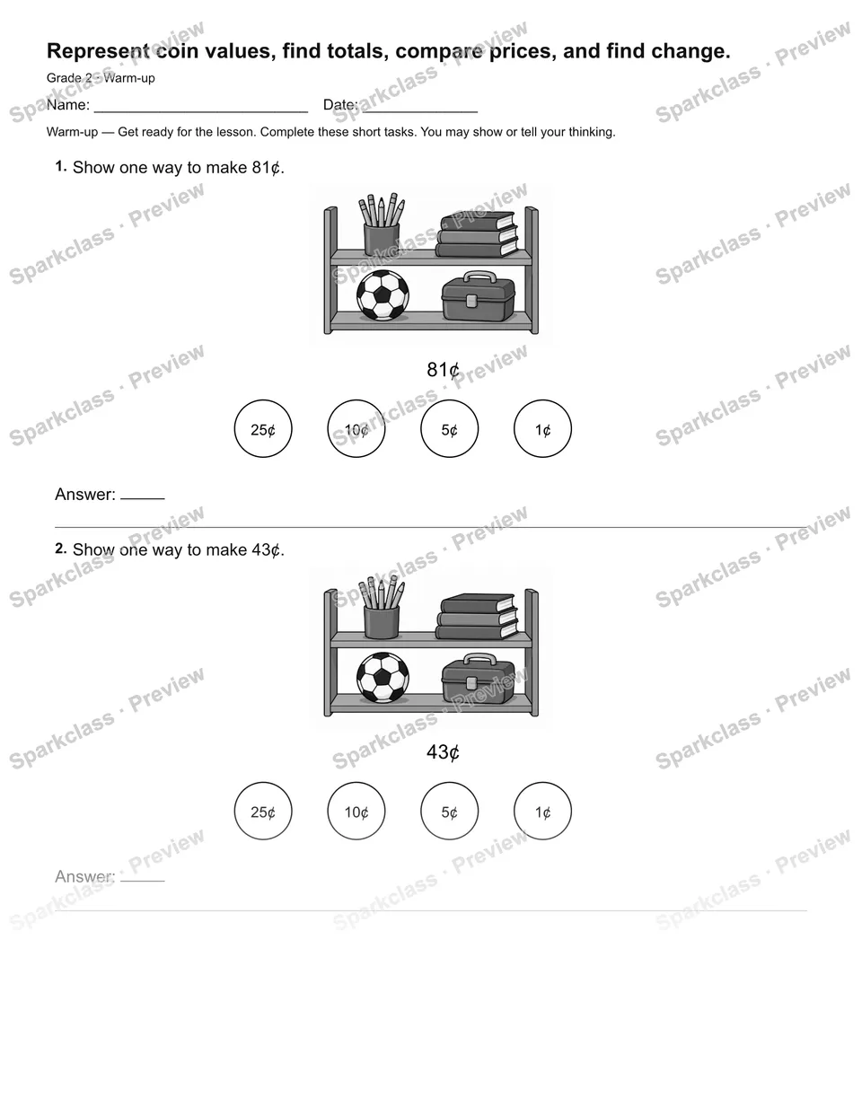 Represent coin values, find totals, compare prices, and find change. — Warm-up — Grade 2 worksheet preview