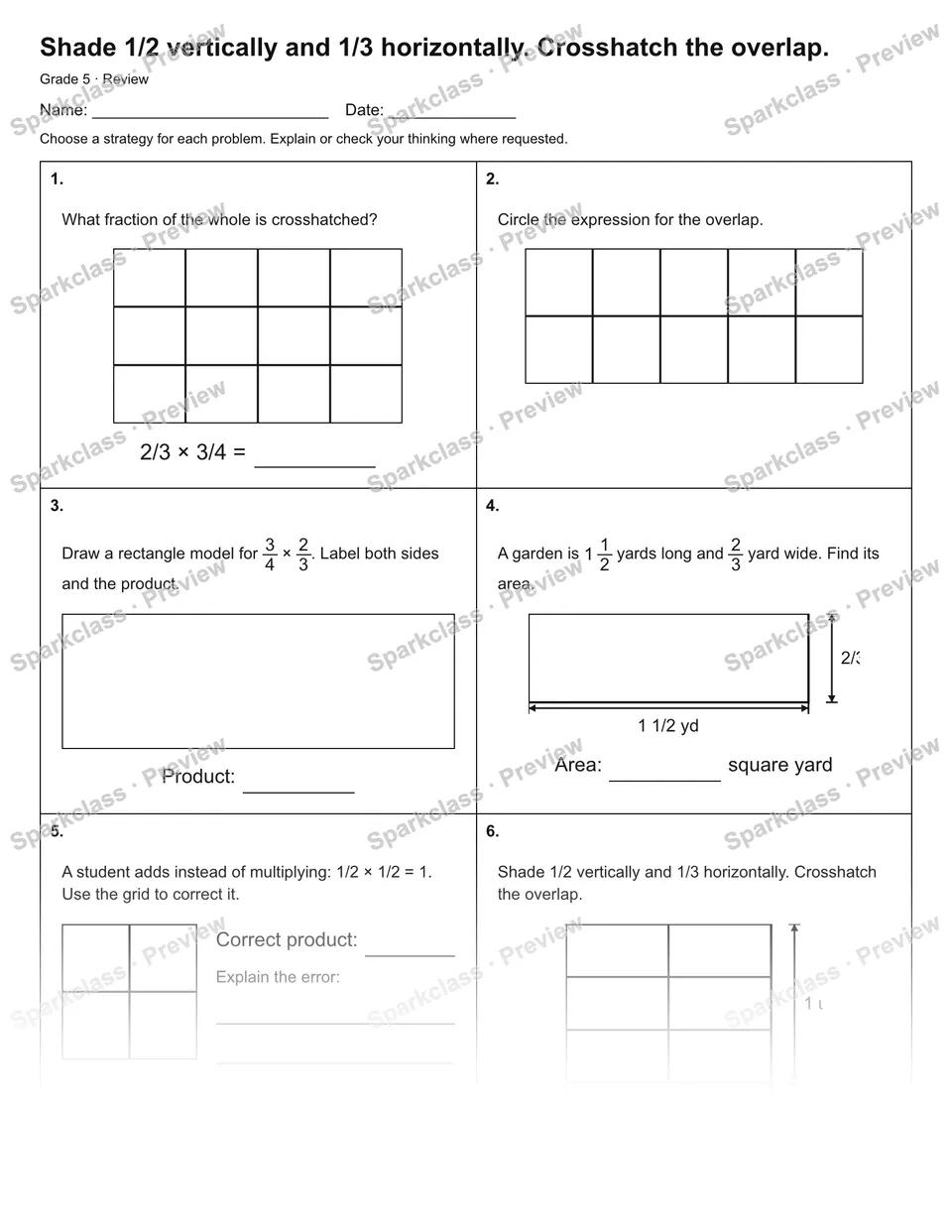 Shade 1/2 vertically and 1/3 horizontally. Crosshatch the overlap. — Review — Grade 5 worksheet preview