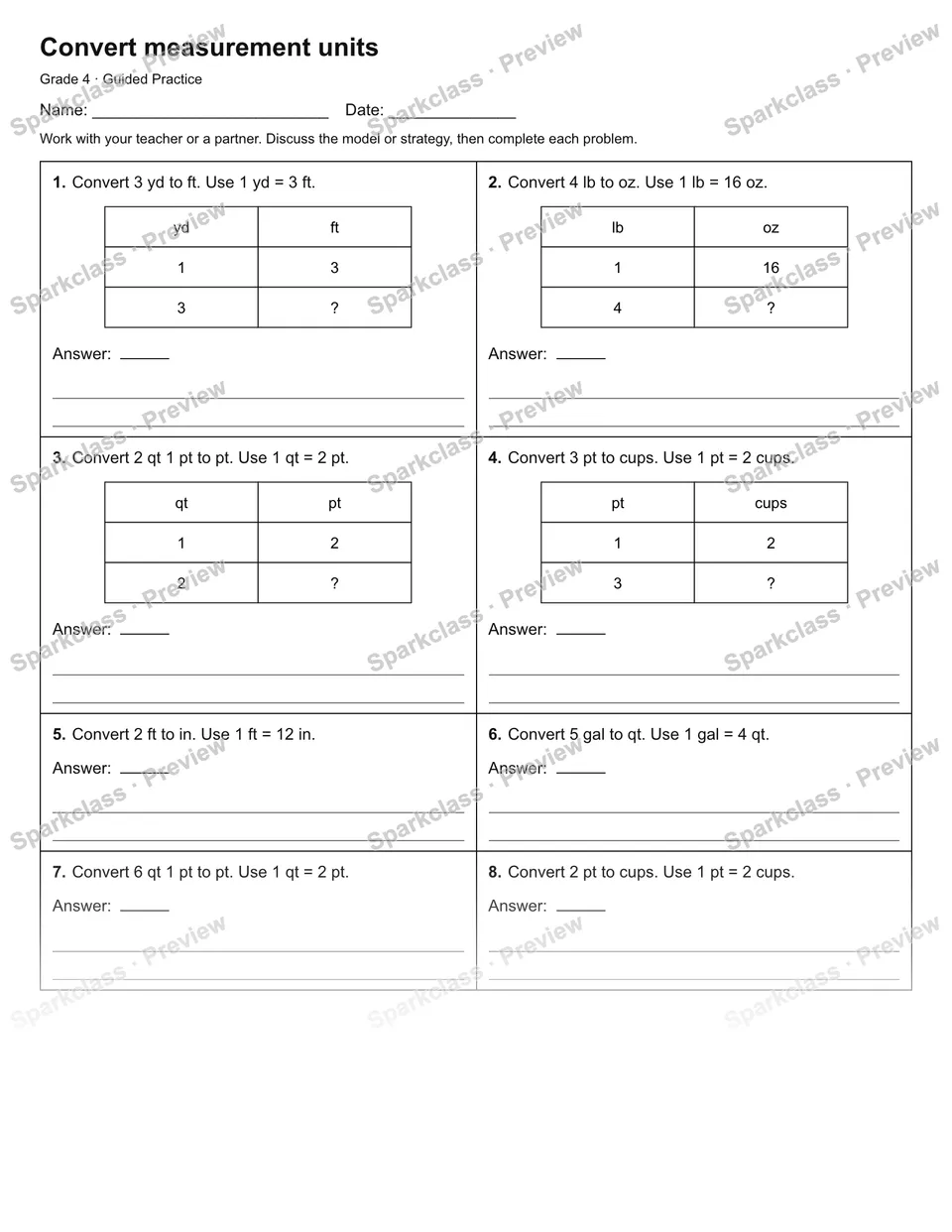Convert measurement units — Guided Practice — Grade 4 worksheet preview