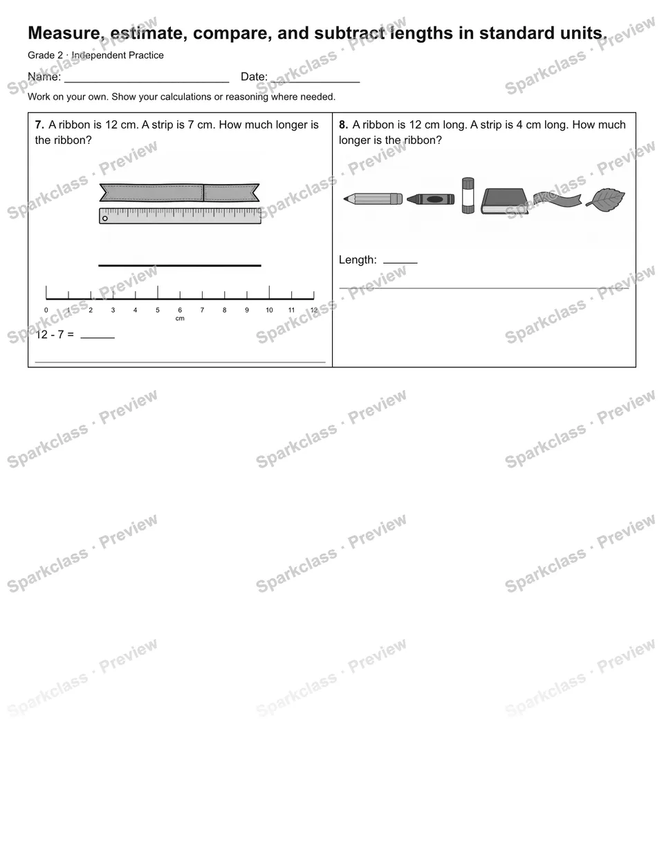 Measure, estimate, compare, and subtract lengths in standard units. — Independent Practice — page 2