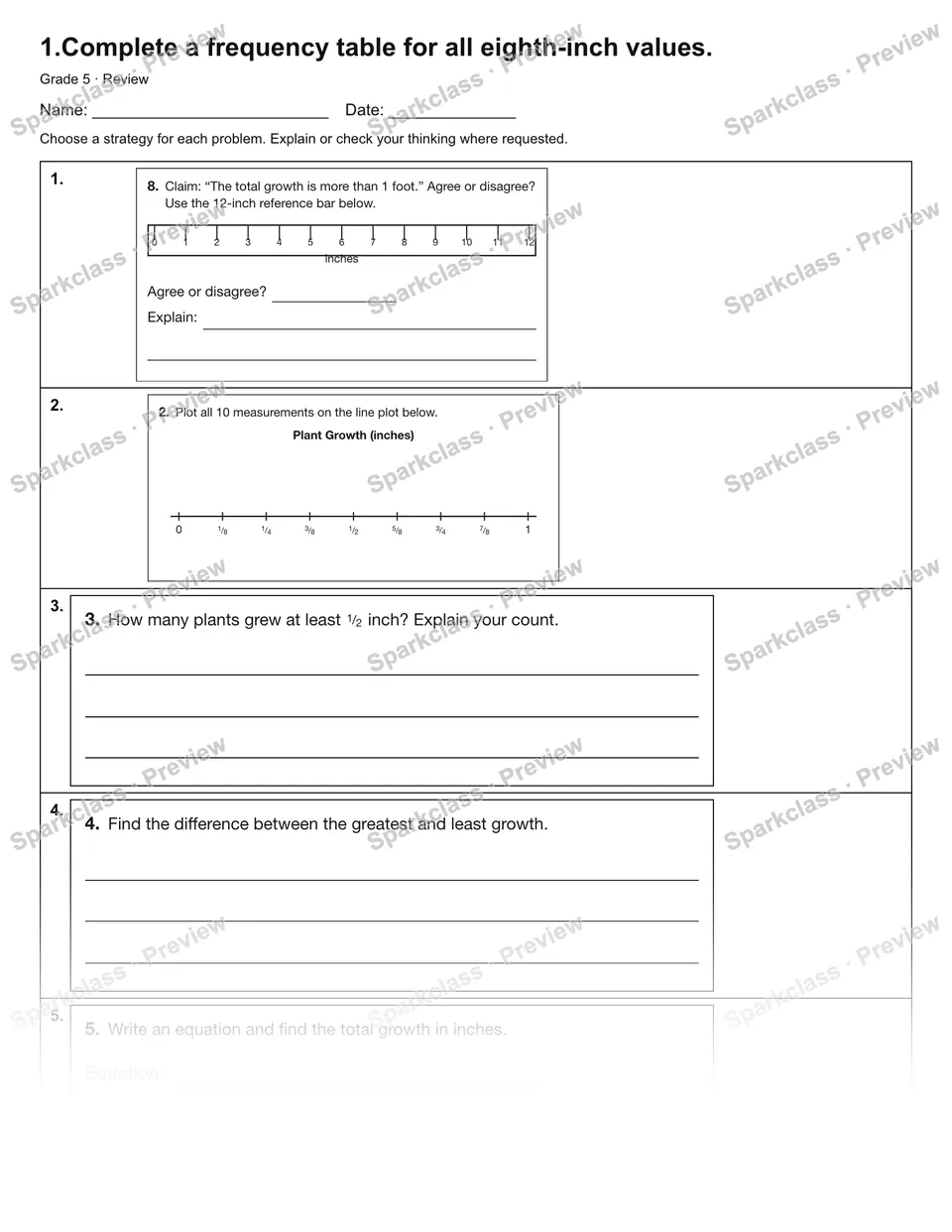 1.Complete a frequency table for all eighth-inch values. — Review — Grade 5 worksheet preview