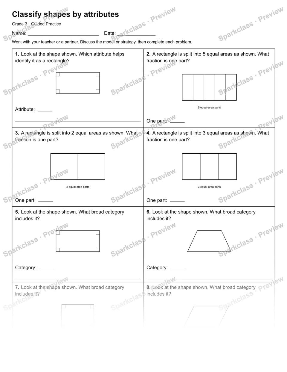 Classify shapes by attributes — Guided Practice — Grade 3 worksheet preview