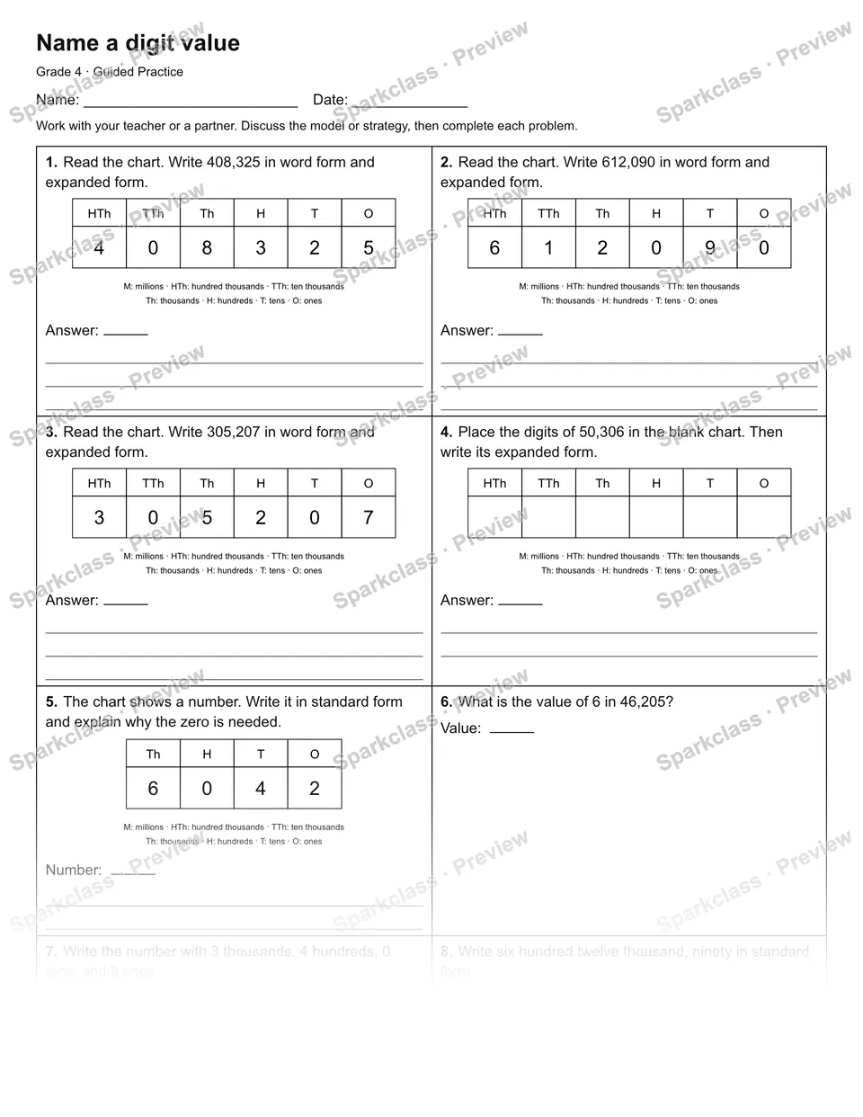 Name a digit value — Guided Practice — Grade 4 worksheet preview