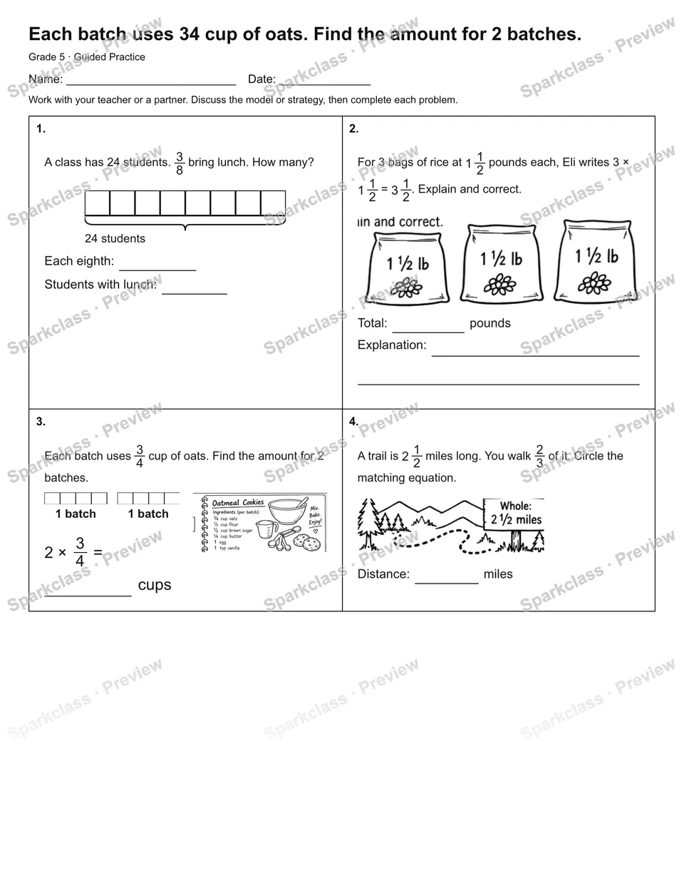 Each batch uses 34 cup of oats. Find the amount for 2 batches. — Guided Practice — Grade 5 worksheet preview