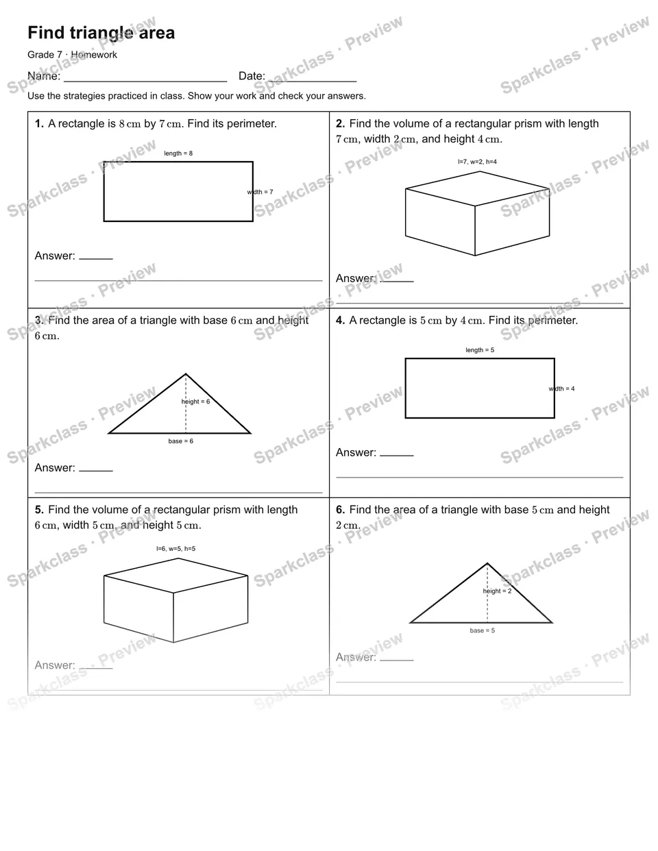 Find triangle area — Homework — Grade 7 worksheet preview