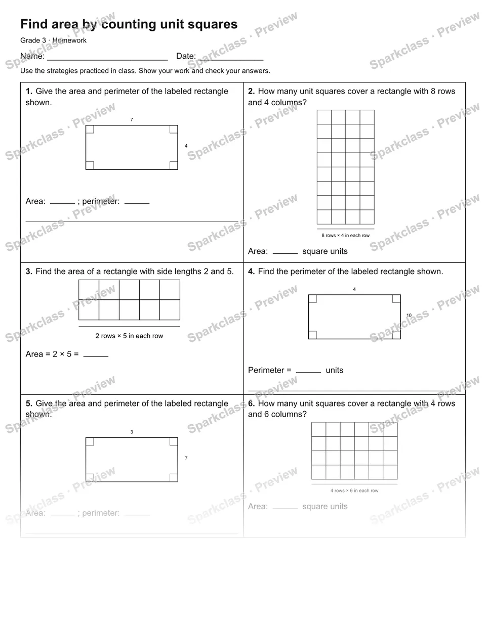 Find area by counting unit squares — Homework — Grade 3 worksheet preview
