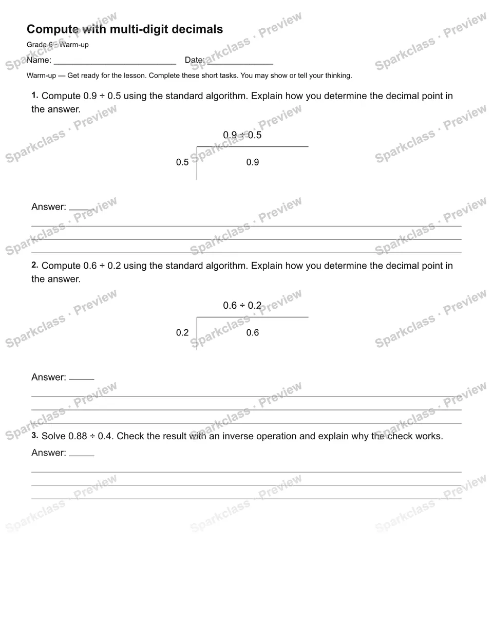 Compute with multi-digit decimals — Warm-up — page 2