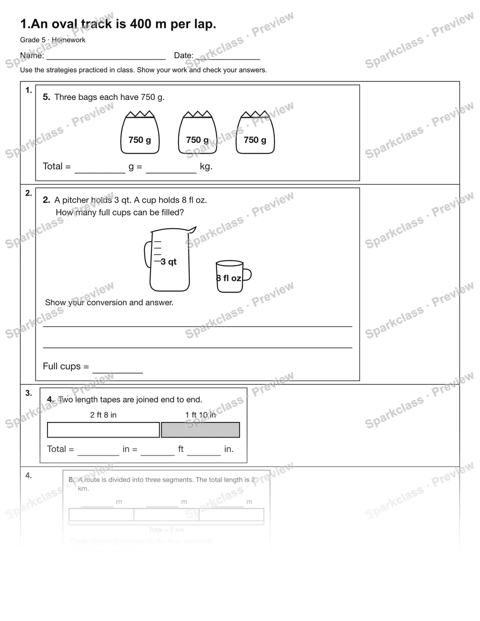 1.An oval track is 400 m per lap. — Homework — Grade 5 worksheet preview