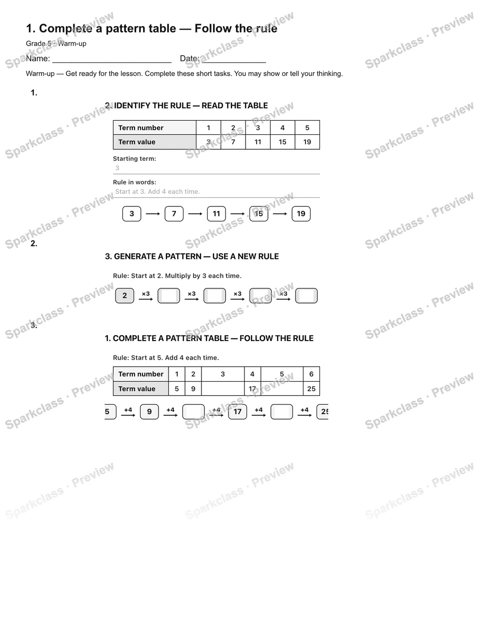 1. Complete a pattern table — Follow the rule — Warm-up — Grade 5 worksheet preview